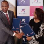 Ethiopian airlines area manager Kenya, Seble Azene (right) and AfroAtlas CEO, Ahmed Ugas during the signing of the partnership.