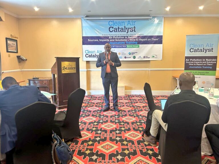 Maurice Kavai, who is the Deputy Director Air quality and climate change in Nairobi city county government speaking to journalists during the Clean Air Catalyst Media workshop in Nairobi, 28th, Feb 2023.