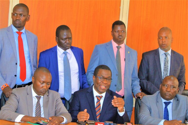 From left, sitting Robert Mbui, Kathiani Mp, and Deputy Leader of Minority in the National Assembly. James Opiyo Wandayi, Minority Leader in the National Assembly. Makali Mulu Kitui Central, MP